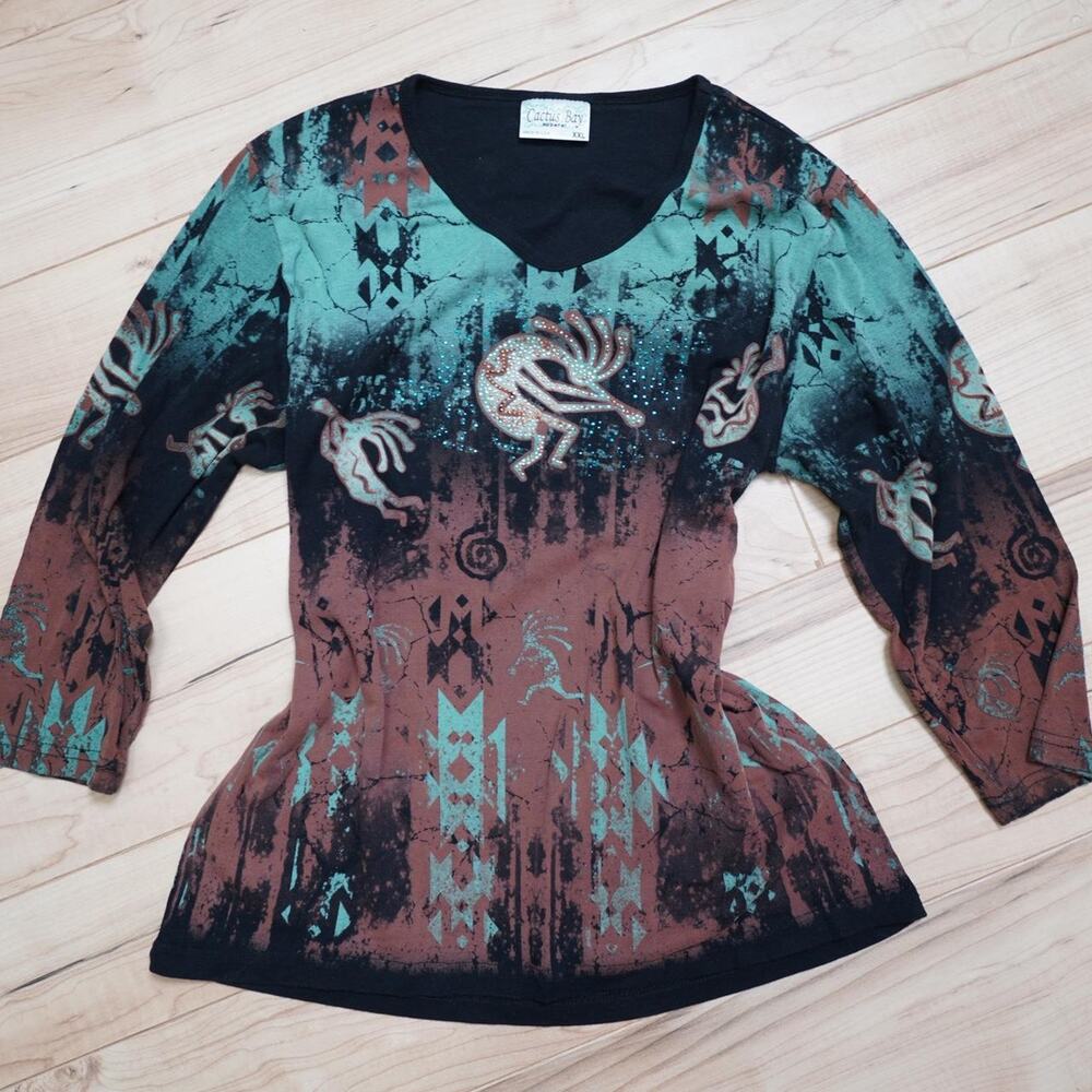 Cactus Bay Apparel Kokopelli Southwestern Rhinestone Western Boho XXL